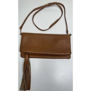 GiGi New York Clutch Crossbody Camel Pebbled Leather Fold Over Tassel Zip Bag